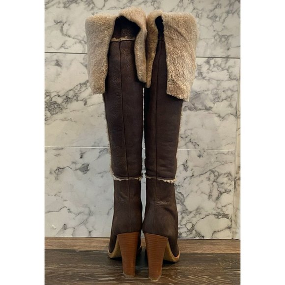 MICHAEL KORS Chocolate Brown Leather & Shearling Fold-Over Knee High Boots - 8.5 - Picture 5 of 10